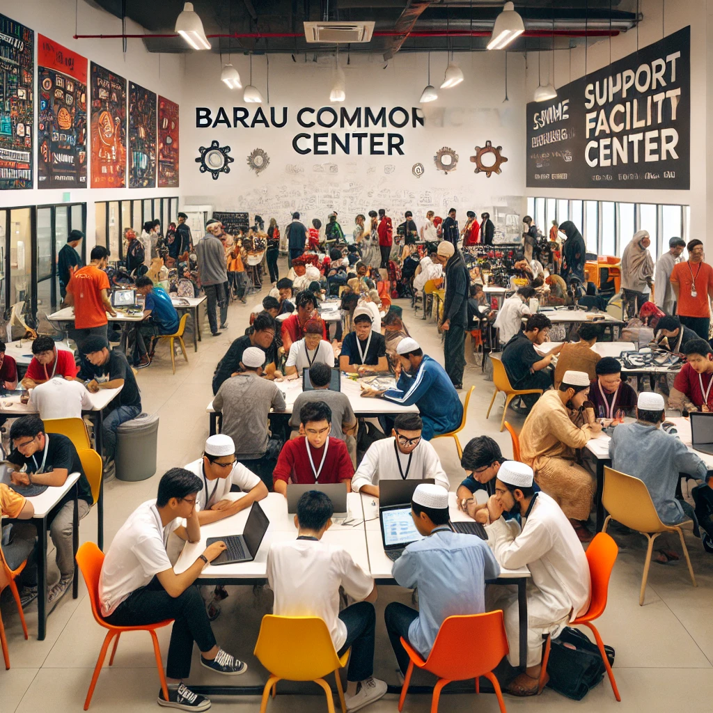 DALL·E 2024-08-14 15.16.42 - A vibrant scene inside the Barau Common Facility Center (BCFC) with young men and women aged 18-30 engaged in various activities. The setting is a mod