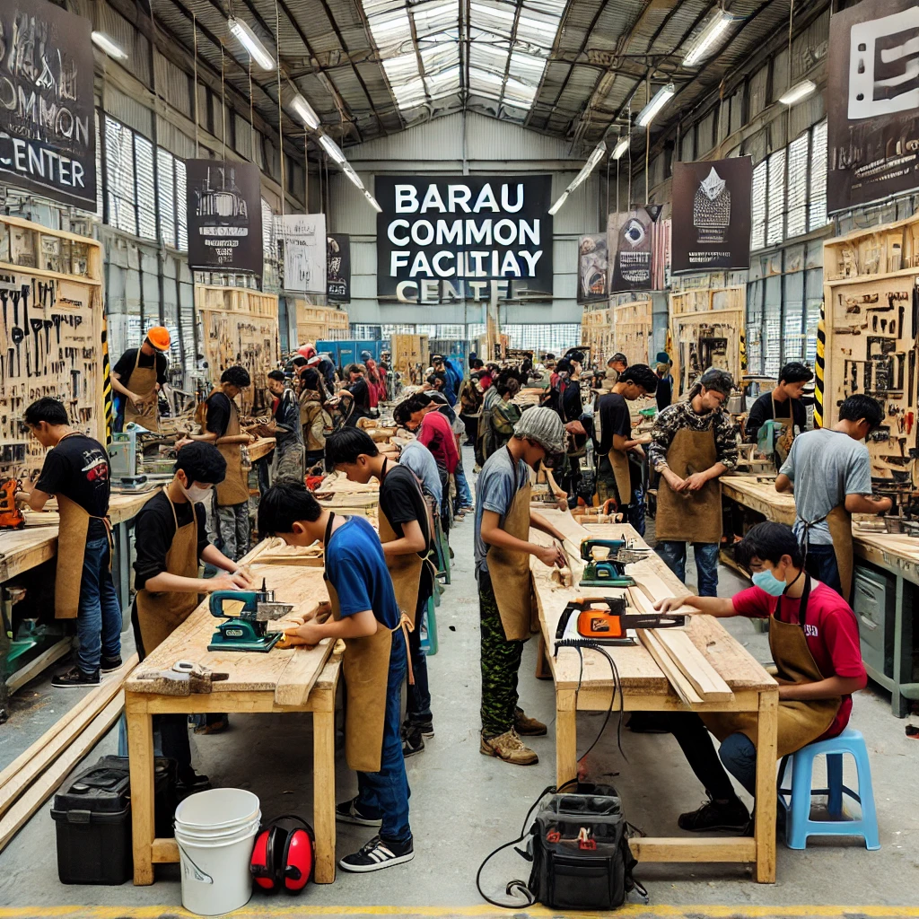 DALL·E 2024-08-14 15.18.01 - A bustling scene inside the Barau Common Facility Center (BCFC) with young men and women aged 18-30 engaged in hands-on artisan skills like carpentry